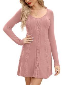 For G and PL Dick Schick V-Ausschnitt Pulloverkleid Winter Warm Langarm mit Zopfmuster Strickkleid Damen Rosa M von For G and PL