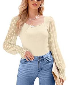 For G and PL Elegant Oberteil Mesh-Keulenärmel Tops Damen Oberteil Langarmshirts Mesh Puffärmeln Shirts Elegant T-Shirt Beige XL von For G and PL