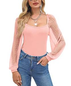 For G and PL Festliche blusen Damen Oberteile Damen Langarm Mesh Puffärmeln Shirts Square Neck top Enge Oberteile Damen Transparent Puffärmel Langarm Pink XS von For G and PL