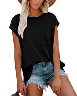 Damen Kurze Ärmel Oberteil Elegant Freizeit Sommer Casual T-Shirt mit Tasche Schwarz L von For G and PL