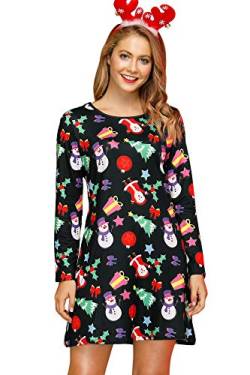 For G and PL Frauen Weihnachten Langarm Xmas Gedruckt Casual A-Linie Kleid S-XXL, Weihnachts-Schneemann, Small von For G and PL