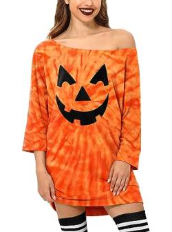 For G and PL Halloween Damen Druck Kürbis Oberteil Langarmshirt Party 3/4 Sleeve Schulterfrei Shirt L von For G and PL