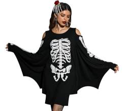 For G and PL Halloween Damen Fledermaus Kostüm Drucke Cosplay Kleid Skelett Langarm Midikleid Kalte Schulter M von For G and PL