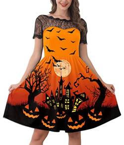 For G and PL Halloween Damen Orange Tief Rückenausschnitt Kostüm Party Midikleid Spitzenkrägen Kleider XXL von For G and PL