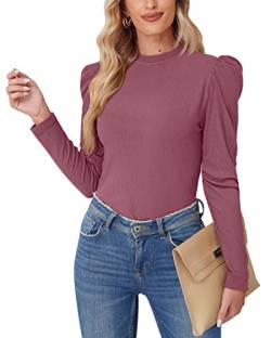 For G and PL Langarm Rundhals Herbsttop Sweatshirt Damen Puffärmel Rüschen Bluse Rundhalsausschnitt Elegant Puffärmel Bluse Rose Pfirsich XXL von For G and PL