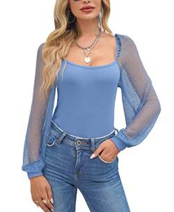 For G and PL Mesh Puff Langarm sexy Oberteil Damen Langarmshirt mit Polka Dots Langarmshirts Elegant T-Shirt Mesh Puffärmeln Shirts Blau XL von For G and PL