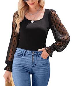 For G and PL Mesh Puffärmeln Shirts Damen Oberteil Mesh-Keulenärmel Tops Elegant T-Shirt Elegant Oberteil Langarmshirt mit Polka Dots Damen Oberteil schwarz XS von For G and PL