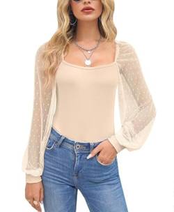 For G and PL Oberteile Damen Langarm Festliche blusen Damen Enge Oberteile Damen Transparent Puffärmel Langarm Langarmshirt u Ausschnitt Damen Beige XL von For G and PL