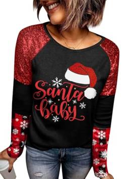 For G and PL Weihnachten Damen Oberteil Pullover Weihnachtspullover Langarmshirt Santa Baby Druck Sweatshirt XXL von For G and PL