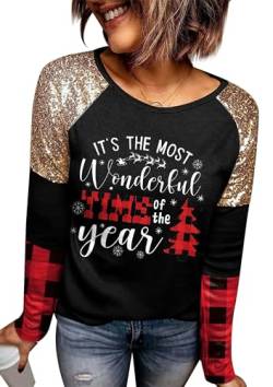 For G and PL Weihnachten Damen Top Schwarz Pullover Langarmshirt Weihnachtspullover Rundhals Druck Sweatshirt XL von For G and PL