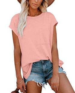 Damen Basic Kurzarm Oberteil Elegant Freizeit Sommer Casual T-Shirt mit Tasche Rosa XL von For G and PL
