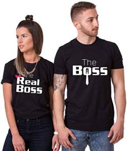 Couple Partner T-Shirt The Boss und The Real Boss T-Shirt Damen und Herren 100% Baumwolle 1 Stück (Schwarz-Man, M) von For Love