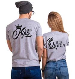 Couple T-Shirt Her Queen His King Partner-T-Shirt Damen und Herren Couple-Shirt Geschenk für Verliebte 1 Stück (Grau-Queen, L) von For Love