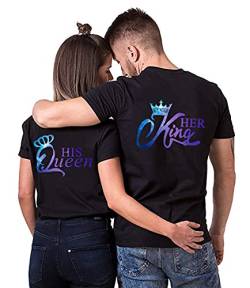 Matching Couple T-Shirt Her Queen His King Partner-T-Shirt Damen und Herren Couple-Shirt Geschenk für Verliebte 1 Stück(Sky-schwarz-King, 3XL) von For Love