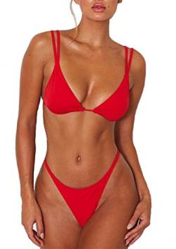 ForBeautyShe Damen Sexy Tanga Bottom Zweiteiliger Bikini Doppelte Schultergurte Niedlich Badeanzug Triangel Baden, Rot/Ausflug, einfarbig (Getaway Solids), Medium von ForBeautyShe
