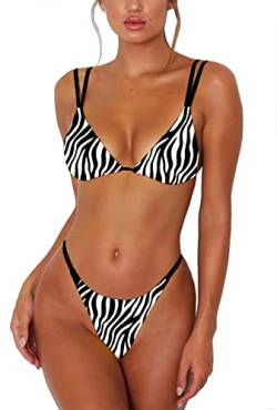 ForBeautyShe Damen Sexy Tanga Bottom Zweiteiliger Bikini Doppelte Schultergurte Niedlich Badeanzug Triangel Baden, Zebra-Print, Medium von ForBeautyShe