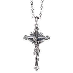 ForFox Großer 925 Sterling Silber Kruzifix Halskette Kreuz Jesus Christus Anhänger mit 60cm Kette Katholische Christian Schmuck für Herren Damen von ForFox