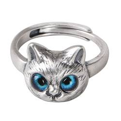 ForFox Kleiner Katzenring 925 Sterling Silber Katzen Ring mit Blaue Augen für Damen Offen und Verstellbar von ForFox