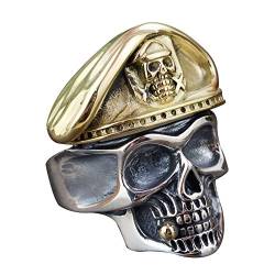 ForFox Punk 925 Sterling Silber Piraten Totenkopf Ring mit Golden Hat Skull Schmuck für Herren Damen Offen und Verstellbar von ForFox