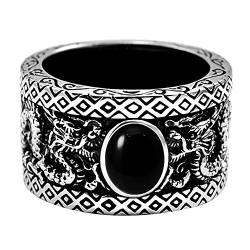 ForFox Schwarz 925 Sterling Silber Orientalische Doppelt Drachen Ring mit Achat Vintage Chinesischer Drachenring Schmuck für Herren Damen Größe 65 von ForFox