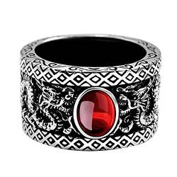 ForFox Schwarz 925 Sterling Silber Orientalische Doppelt Drachen Ring mit Roter Granat Vintage Chinesischer Drachenring Schmuck für Herren Damen Größe 63 von ForFox