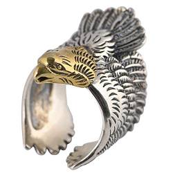 ForFox Vintage 925 Sterling Silber Adler Ring mit Gold Kopf für Herren Damen Offen und Verstellbar von ForFox
