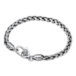 ForFox Vintage Echt 925 Sterling Silber Kettenarmband Weizenkette Armband mit Buddhismus Om Mani Padme Hum für Herren Damen 5mm 18cm von ForFox