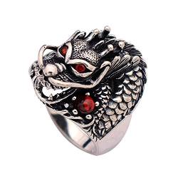 ForFox Vintage Schwarz 925 Sterling Silber Chinesischer Drachen Ring mit Roten Stein Drachenring Schmuck für Herren Damen Größe 56 von ForFox