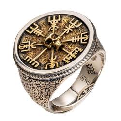 Zweifarbiger 925 sterling silber wikinger kompass vegvisir und totenkopf ring runder siegelring nordischer schmuck für herren größe 56 verstellbar von ForFox