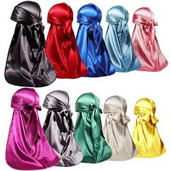 ForceWave 10 Stück seidige Durags lange Schwänze für Damen und Herren, Satin, Durag 360 Wellen, Dorag, 10 Farben, 10 Farben, 10 Count (Pack of 1) von ForceWave