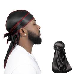 ForceWave Seidige Durag-Packung für Männer und Frauen, Wellen, Premium-Satin, Deluxe-Du-Lag, 2 Stück, Schwarz mit roter Naht, Schwarz, Einheitsgröße von ForceWave