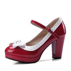 ForeMode Mode Frauen T-Strap High Heels Schleife Plattform Runde Zehe Pumps Leder Sommer Lolita Süße Schuhe (Red, Numeric_41) von ForeMode