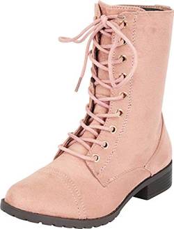 Forever Link Womens Round Toe Military Lace up Knit Ankle Cuff Low Heel Combat Boots, Dusty Pink, 6.5 von Forever Link