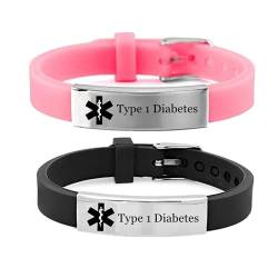 ForeverWill 2 Pack Typ 1 2 Diabetes Armband für Kinder Jugendliche Erwachsene Personalised Medizinische Warnung Silikon Diabetiker Bewusstsein ID Armreif für Mädchen Jungen Frauen Männer von ForeverWill