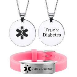 Personalised Medizinischer Alarm Typ 1 2 Diabetes Armband Halskette für Kinder Frauen Männer ID Armreif Anhänger Diabetiker Identifikation Schmuck für Mädchen Jungen Teens Erwachsene,2 Pack von ForeverWill