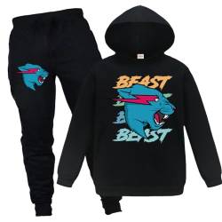 Forlcool Mr Beast Merch Kinder Jungen Mädchen Sport Trainingsanzug Lustige Outfits Bequem Hoodie + Hose Anzüge, Schwarz , 134 von Forlcool