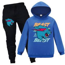 Forlcool Mr Beast Merch Kinder Jungen Mädchen Sport Trainingsanzug Lustige Outfits Bequem Hoodie + Hose Anzüge, blau, 146 von Forlcool