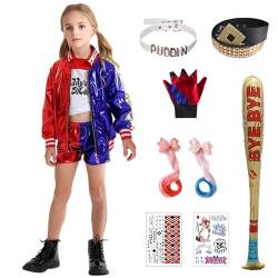 Formemory Quinn Kostüm Damen,Halloween Karneval Kostüm Faschingskostüme Damen mit Handschuhe Jacke T-Shirt Shorts Netzstrümpfe für Halloween Karneval Kostüm Damen (Kinder(9-teiliges Set), 150) von Formemory