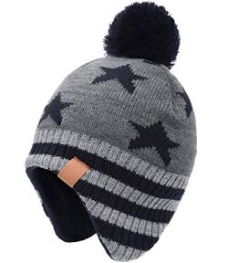 Foruhoo Jungen Mütze Strickmütze Beanie, Jungen Wintermütze Hut mit Fleecefutter(Grau Stern,53cm) von Foruhoo