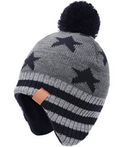 Foruhoo Jungen Mütze Strickmütze Beanie, Jungen Wintermütze Hut mit Fleecefutter(Grau Stern,55cm) von Foruhoo