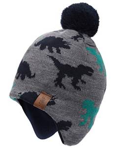 Foruhoo Jungen Strickmütze Beanie Mütze, Wintermütze Baby Kinder Hut mit Fleecefutter(Graue Dinosa,L 55cm) von Foruhoo