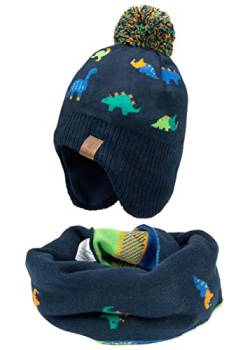 Foruhoo Jungen Wintermütze Beanie Hut, Mädchen Strickmütze Mütze mit Bommel (55, Dino Set) von Foruhoo