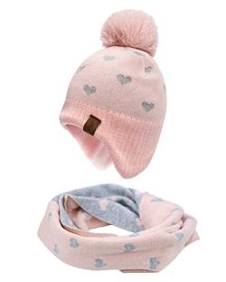 Foruhoo Jungen Wintermütze Beanie Hut, Mädchen Strickmütze Mütze mit Bommel (55, Rosa Set) von Foruhoo