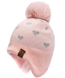 Foruhoo Mädchen Strickmütze Beanie Hut, Wintermütze für Baby Kinder mit Fleecefutter(Rosa,L 55cm) von Foruhoo