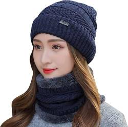 Foryo Winter Warme Mütze Beanie Schal Set Wolle Strickmütze Wintermütze und Loop Schal mit Dicke Fleecefutter für Herren und Damen (Navy blau) von Foryo