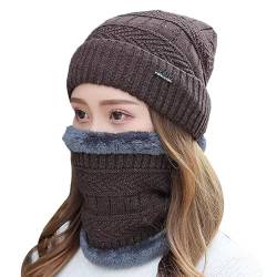 Foryo Winter Warme Mütze Beanie Schal Set Wolle Strickmütze Wintermütze und Loop Schal mit Dicke Fleecefutter für Herren und Damen (braun) von Foryo