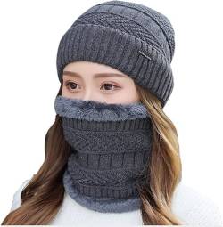 Foryo Winter Warme Mütze Beanie Schal Set Wolle Strickmütze Wintermütze und Loop Schal mit Dicke Fleecefutter für Herren und Damen (grau) von Foryo