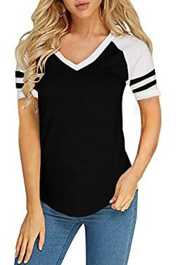 Foshow Damen Baseball Raglan Farbblock T-Shirts Sommer Kurzarm V-Ausschnitt T-Shirts Jersey Freizeit Blusen Tops, Schwarz, Groß von Foshow