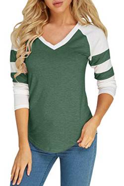 Foshow Damen Langarm-Baseball-T-Shirt, Jersey, gestreift, V-Ausschnitt, Blusen, T-Shirts, 01 Army Green, Klein von Foshow