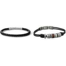 Fossil Herren Armband Leder JF00510797 & Armband Für Männer, Länge: 20 + 1,5 Cm Silbernes Edelstahlarmband, JF84196040 von Fossil